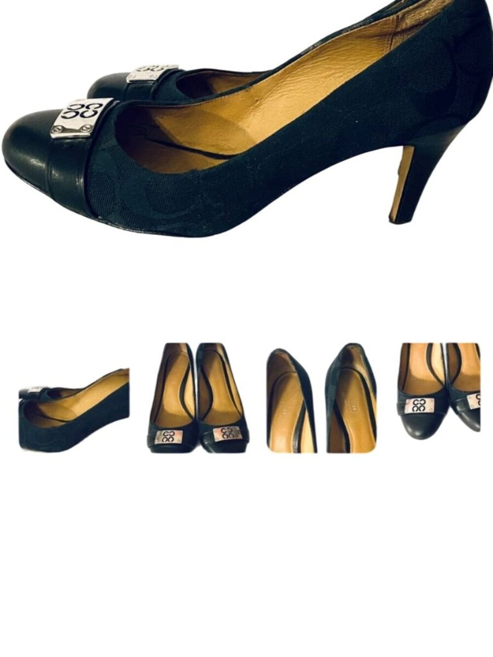 Coach Whitney Patent Leather Black Heels Shoes Monogram Buckle Size 8 B Luxury
